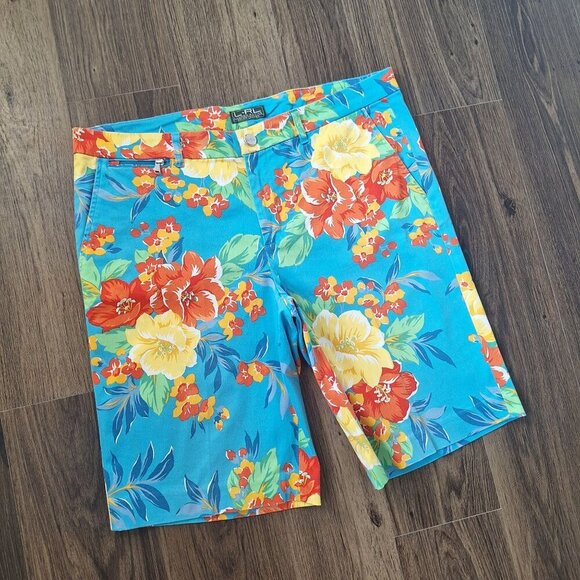 💙 Ralph Lauren Tropical Print Bermunda Shorts With Pockets Cotton - Picture 3 of 9